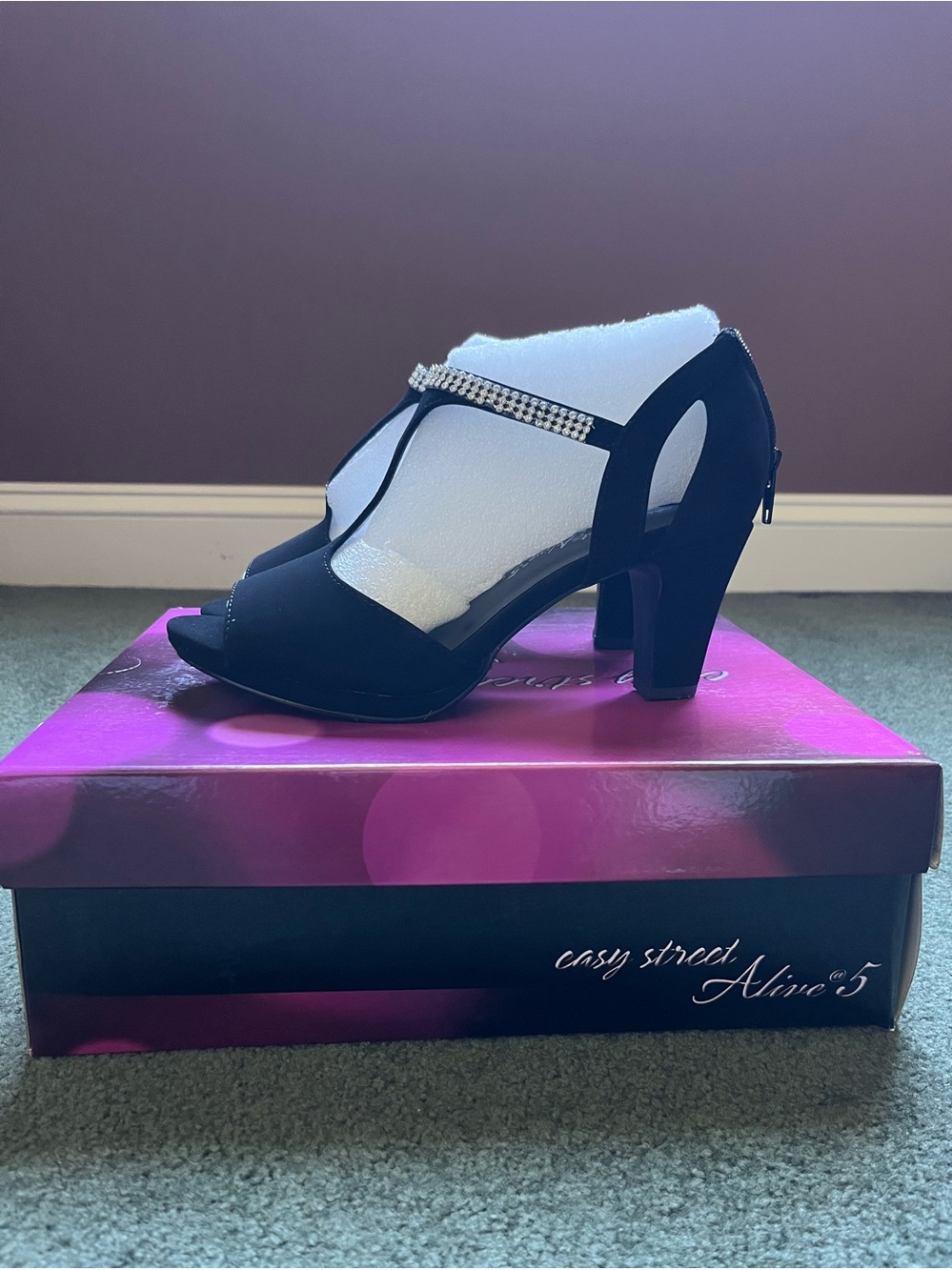 easy street Black Rhinestone T-Strap Block Heels